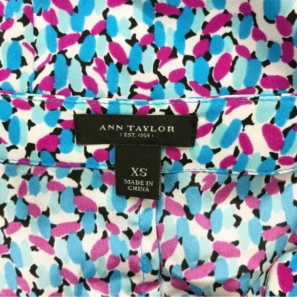 Ann Taylor Abstract Floral Colorful Blouse Jewel Tones Elastic Hem Cuffs V-Neck - Picture 13 of 16